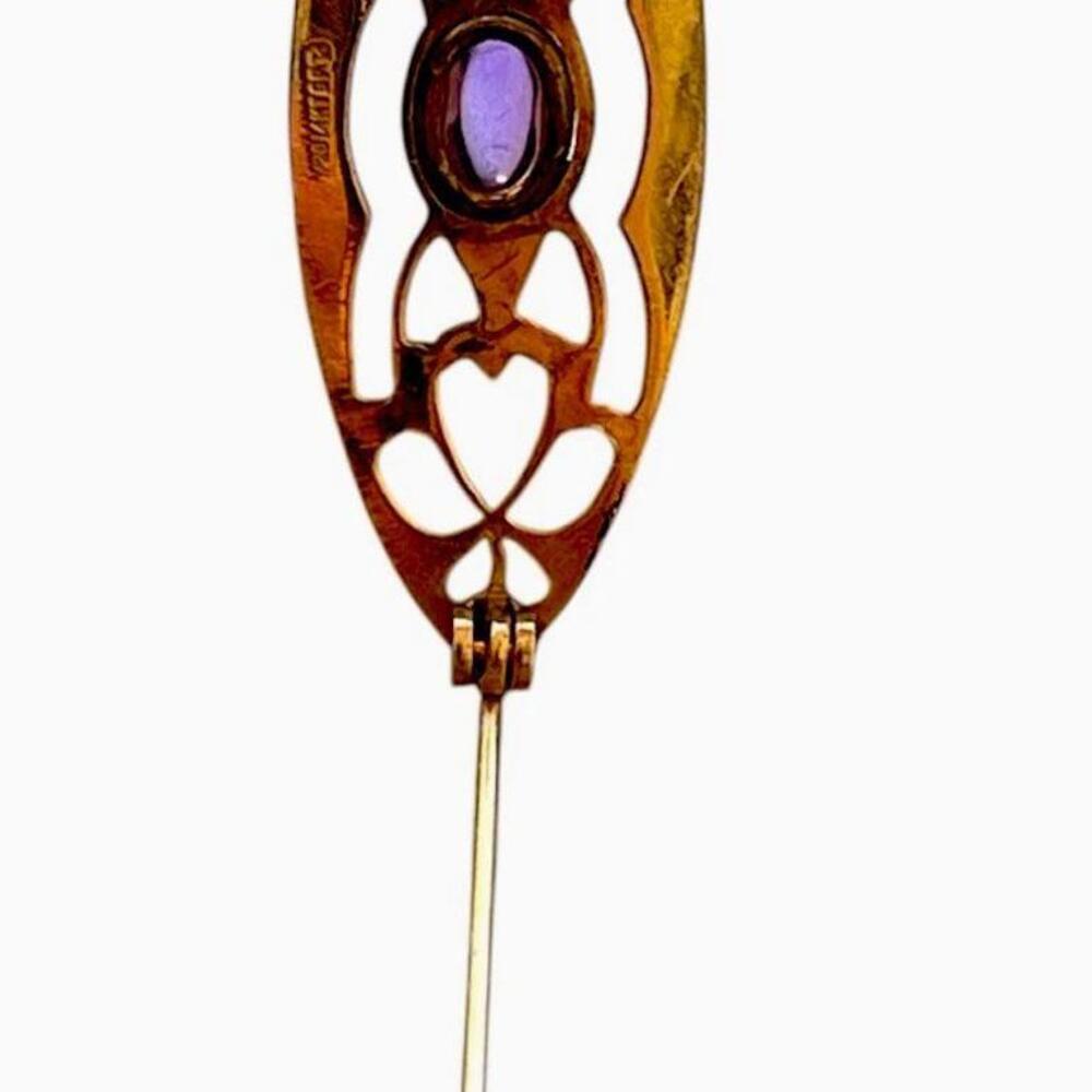 Antique Art Deco 14K 1/20 GF Ornate Mini Bar Brooch Pin+ Paste Amethyst 1.5x.5 - Picture 4 of 9